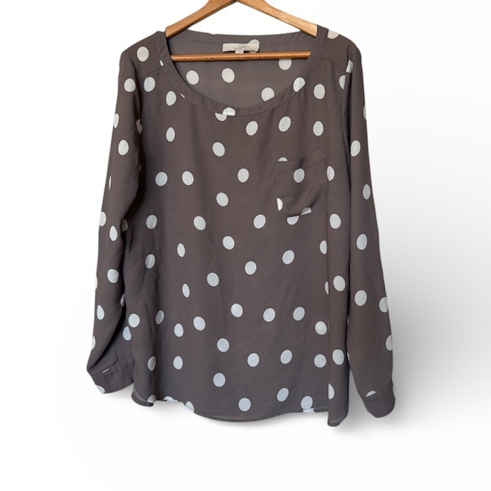 Ann Taylor LOFT Blouse Women XL‎ Gray White Polka Dot Scoop Neck Long Sleeve